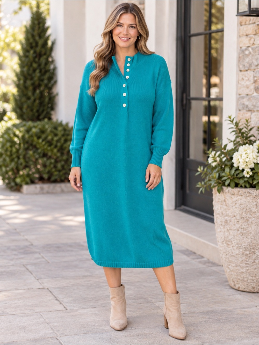 Vintage 80s Anthony Richards Turquoise Knit Sweater Dress L Made USA